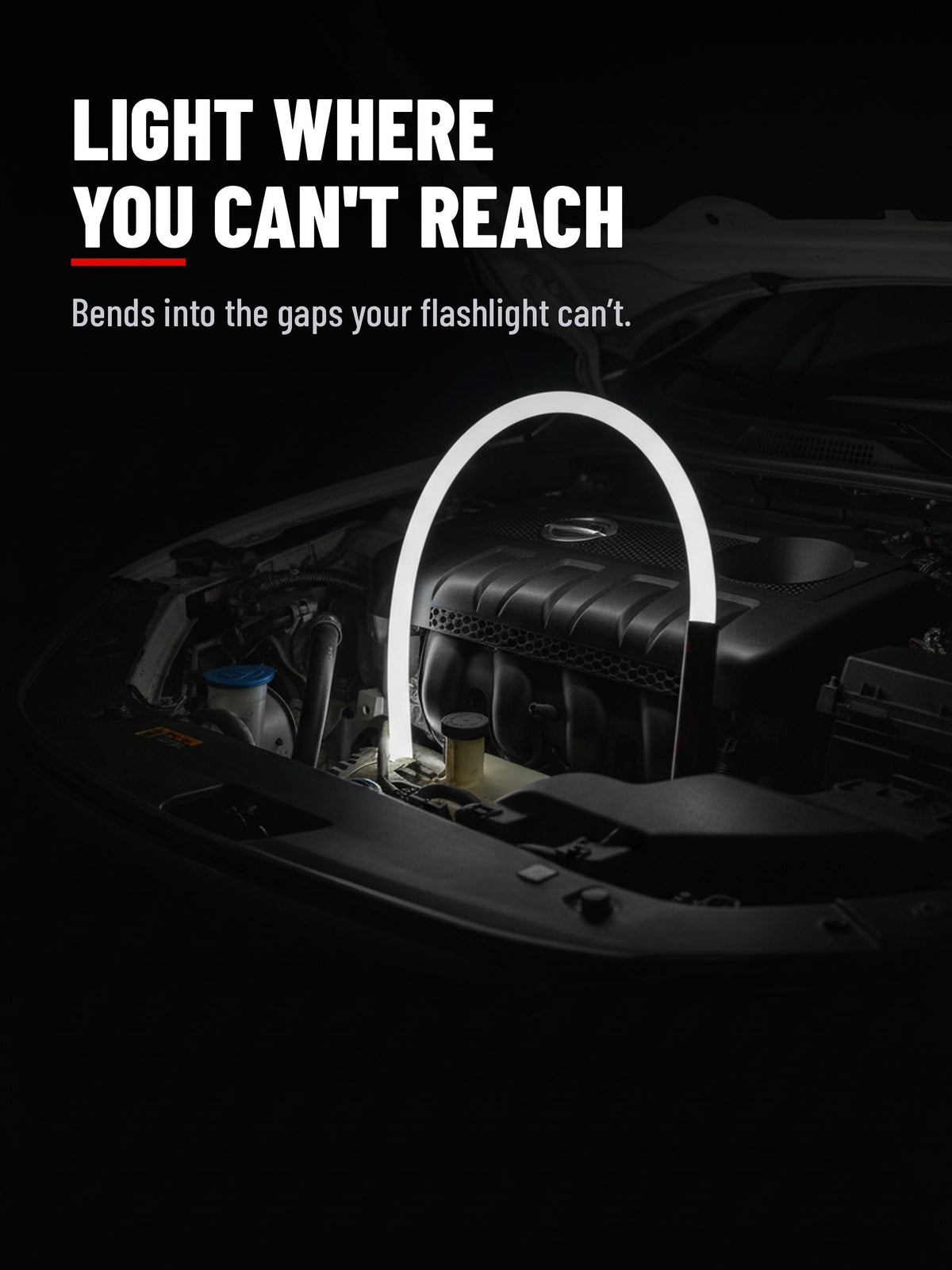 Flexible LED work light lighting a tight engine bay