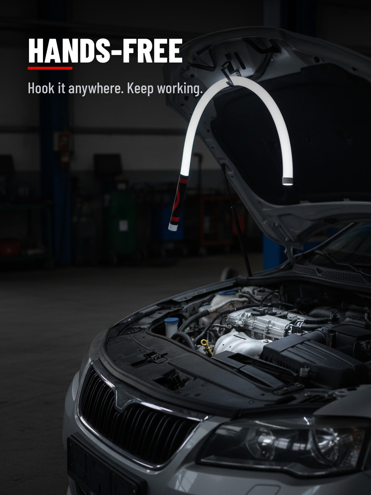 Hands-free LED snake light wrapped around a pipe